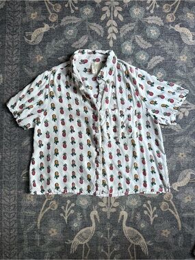 Japna White Viscose Top with Pink & Yellow Pineapple Motif